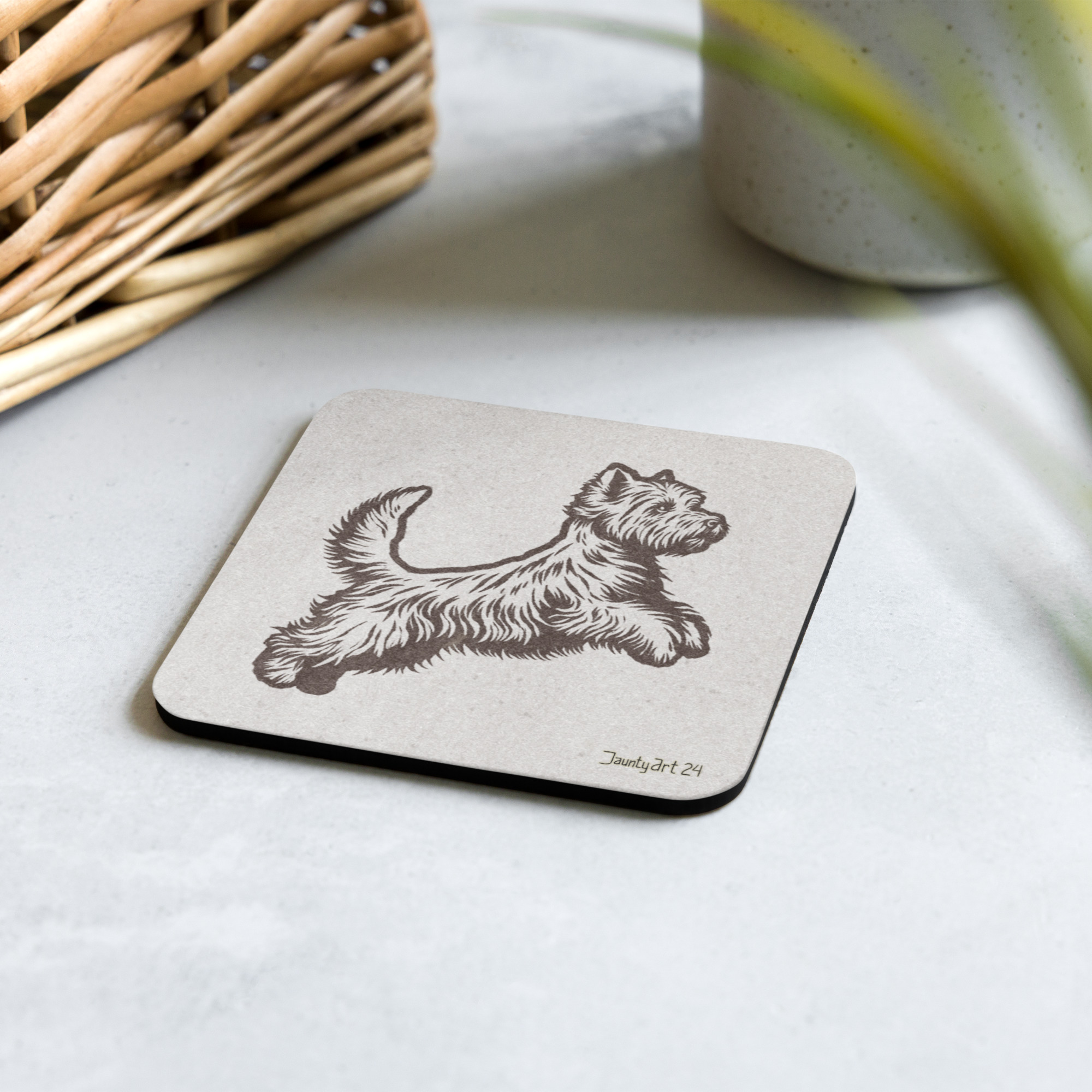 Jumping West Highland White Terrier Cork-back coaster – Jaunty Art